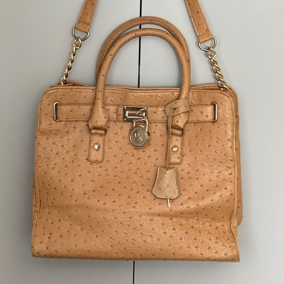 MICHAEL KORS Hamilton Tan Ostrich Print Leather Purse Satchel Medium Hand Bag - Picture 1 of 16